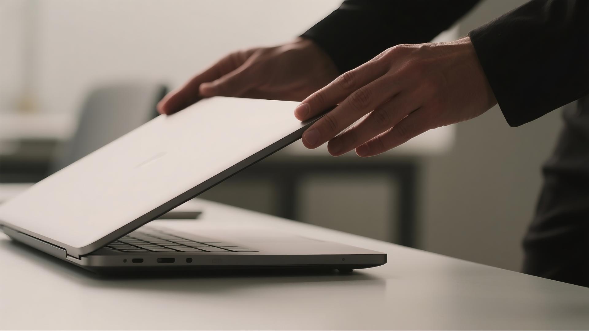 two hands shutting a laptop sitting on a desk