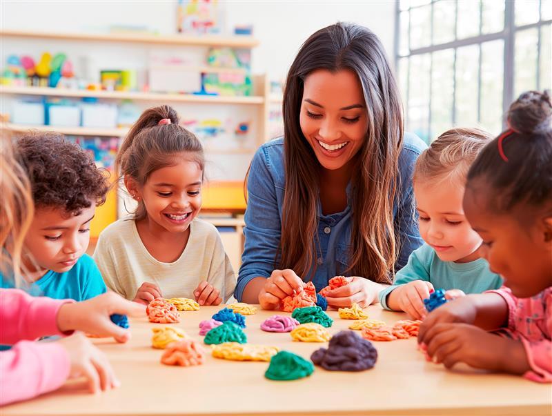 adult teacher playing with young children at a table in school setting