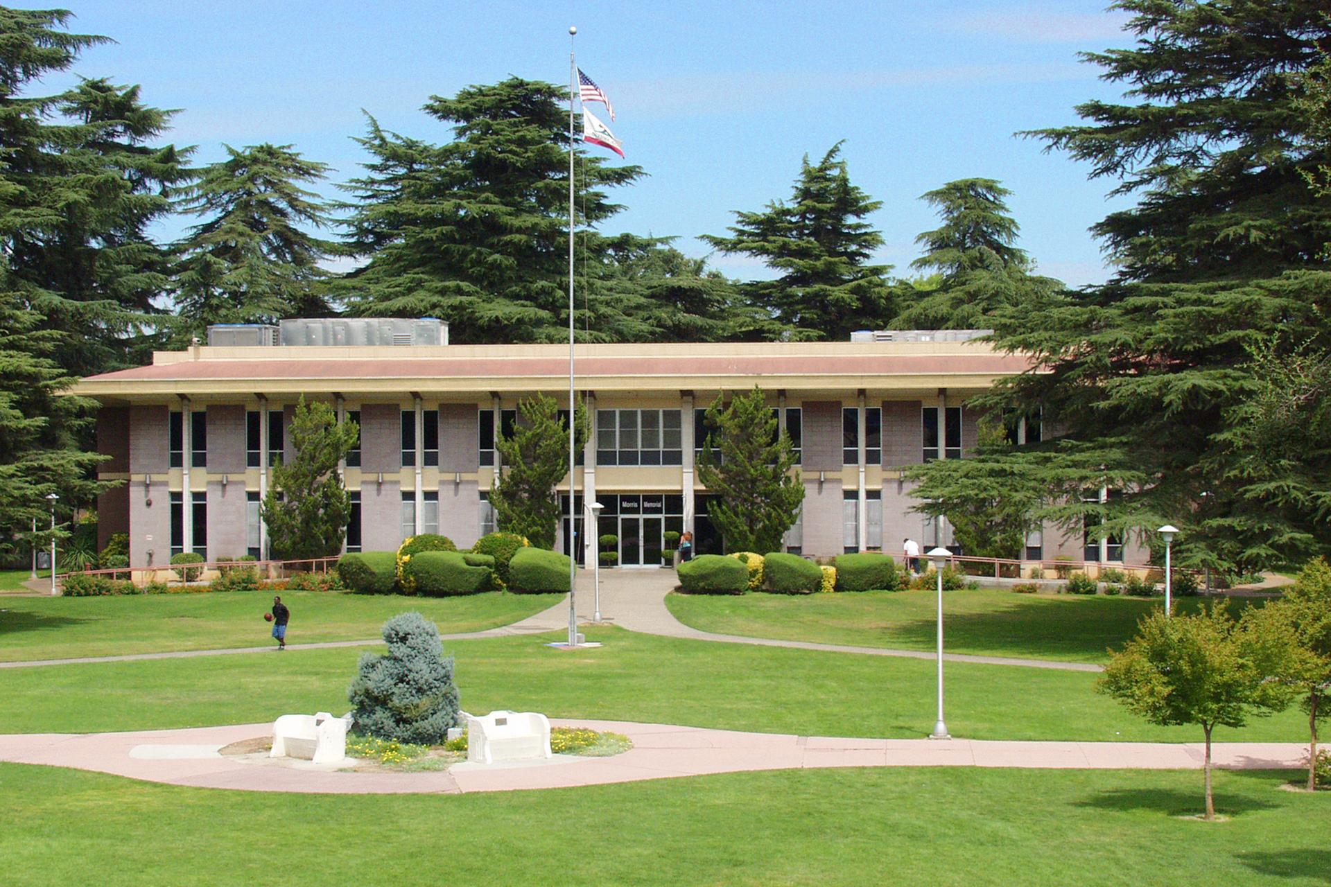 Modesto junior College Morris building and quad with grass