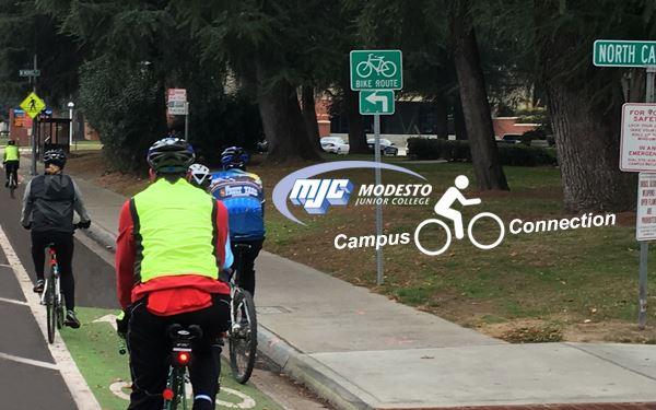Modesto Junior College Campus Connection promo image. A cyclist in a green safety vest rides the Campus Connection trail near MJC's East Campus.